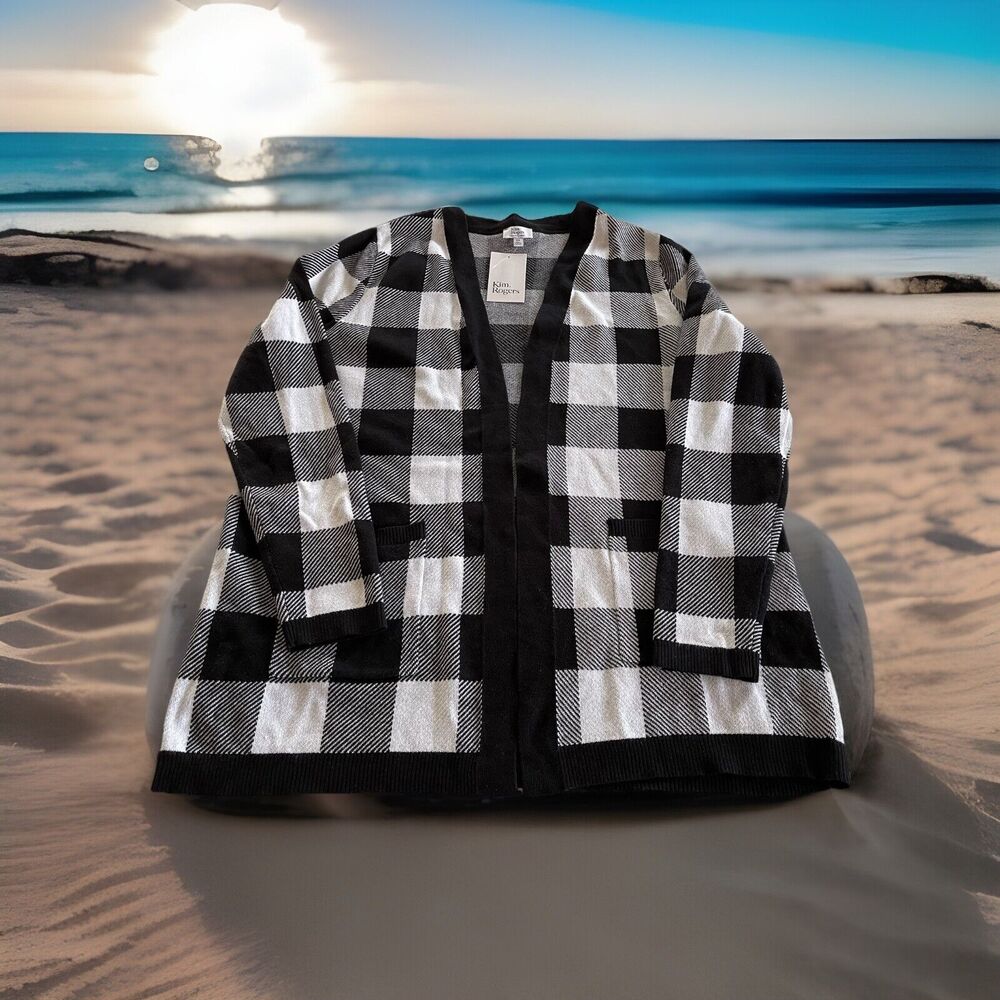 Kim Rogers Open Cardigan 100% Cotton Knit LS Black White Check Ladies XXL NWT